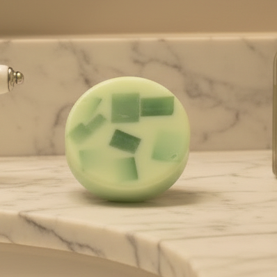 Cucumber Melon soap bar on bathroom sink 