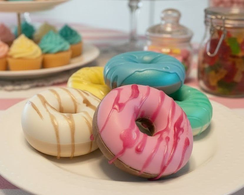 Colorful donut-shaped soaps on a white plate
