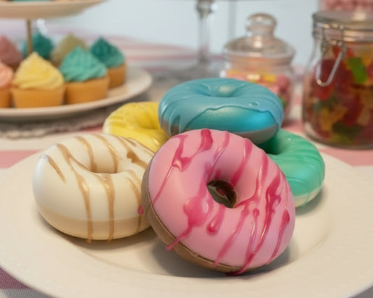Colorful donut-shaped soaps on a white plate