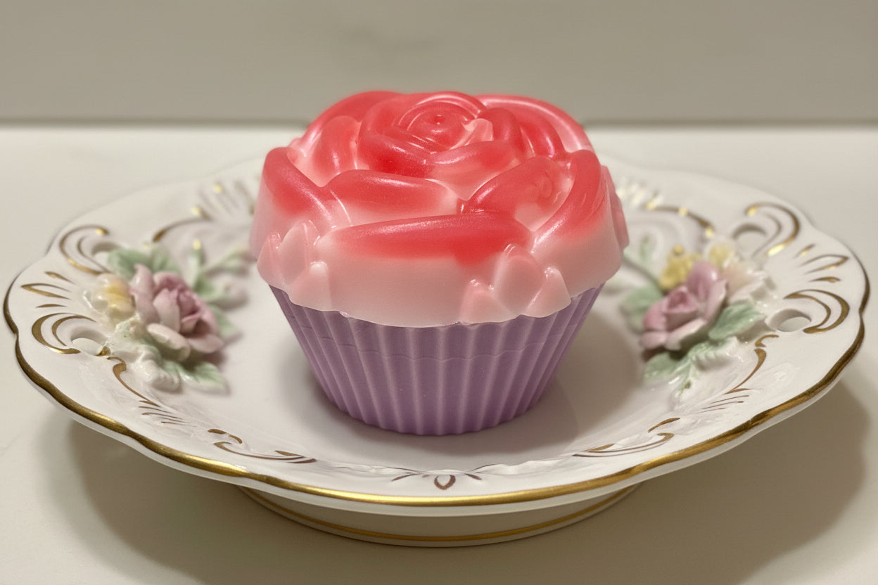 Fig blossom scented cupcake soap bar on a soap dish