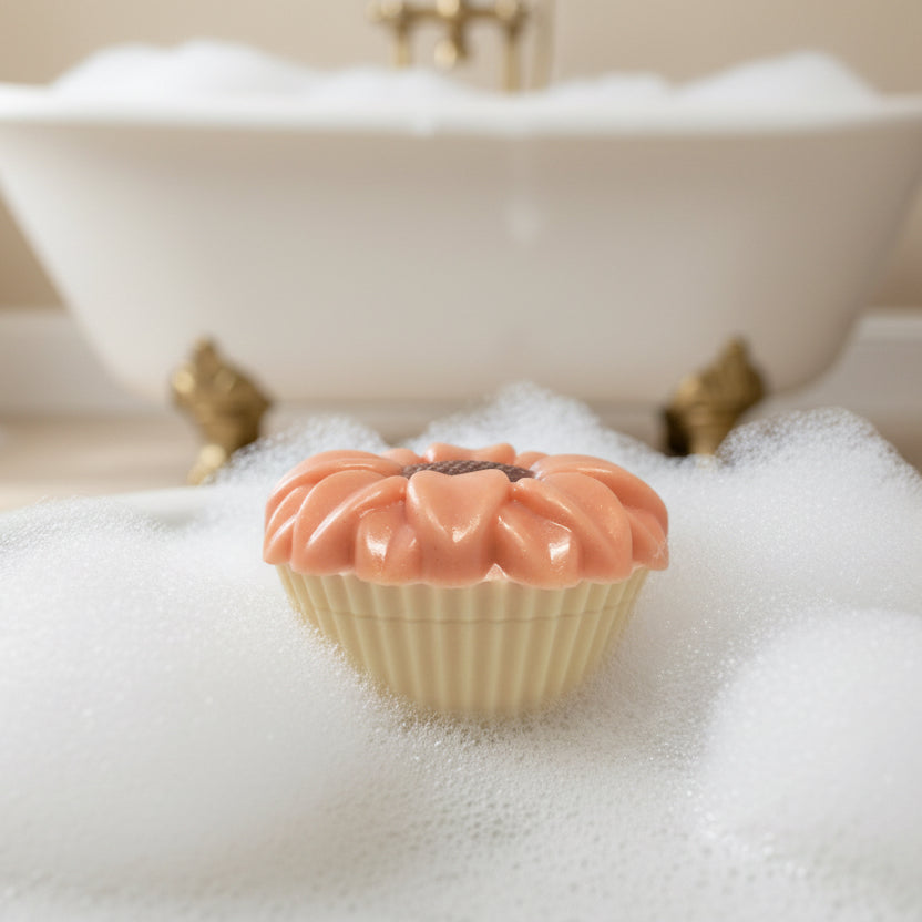 Golden berry soap bar in a bubble bath