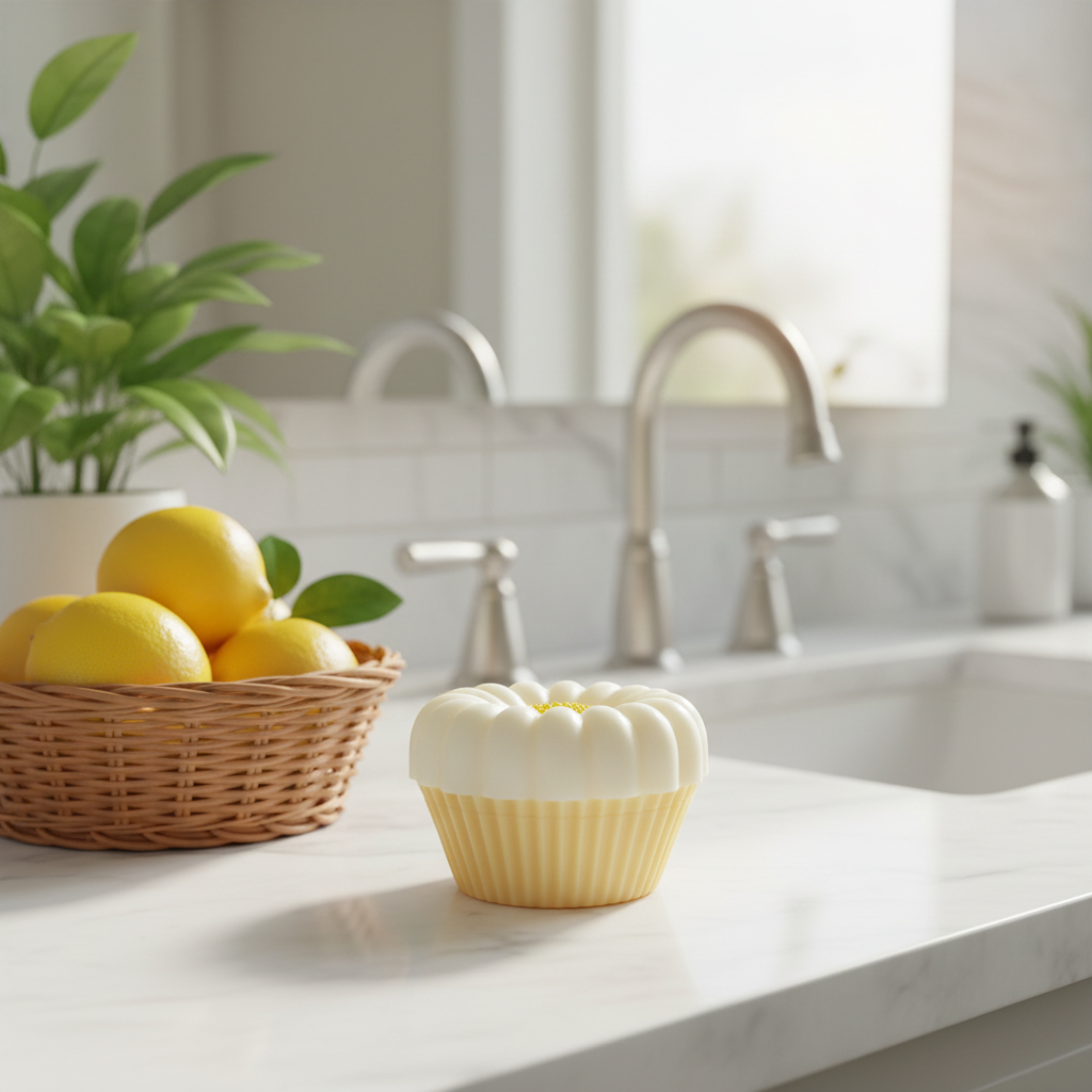 Lemon cupcake soap bar with lemon basket in a bathroom sink