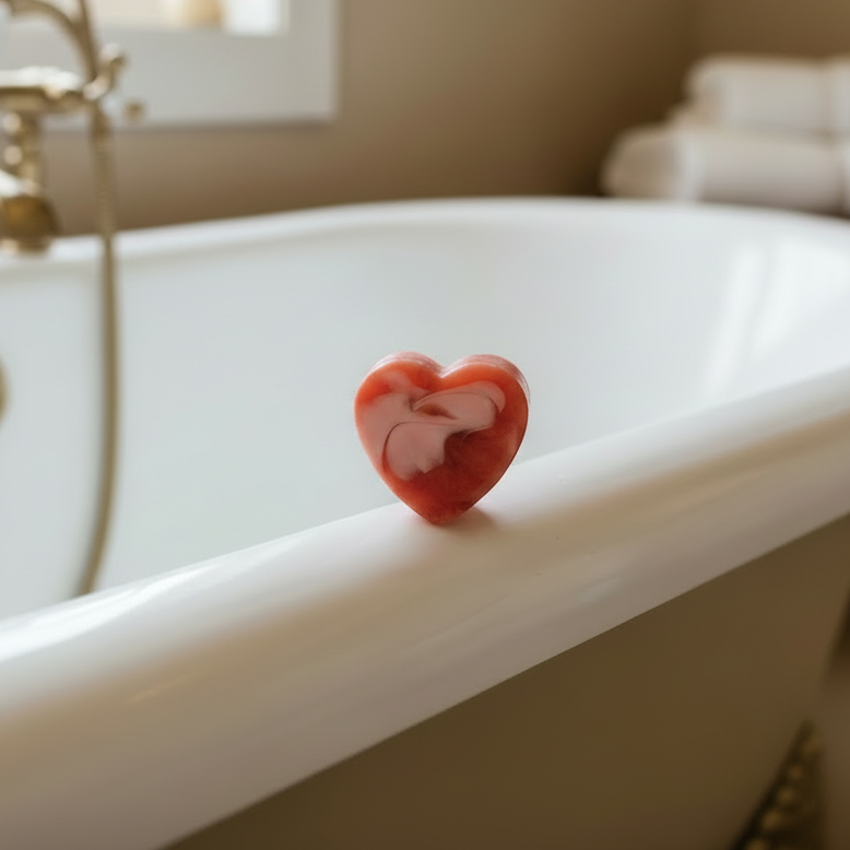 Sweet black currant soap bar on a bath tub