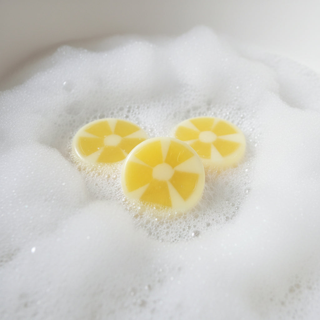 three lemon bar soaps in a bubble bath