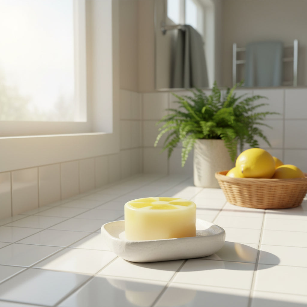 vanilla lemon bar soap on a soap in  bathroom